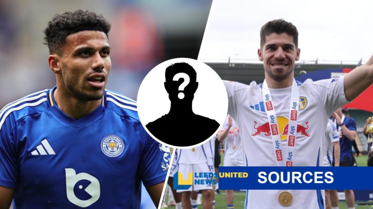 Leicester City's James Justin (left) with Leeds United winger Manor Solomon (right) and LUN sources banner plus mystery player inset