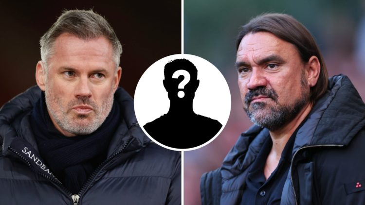 Sky Sports pundit Jamie Carragher (left) and Leeds United manager Daniel Farke (right) with mystery player