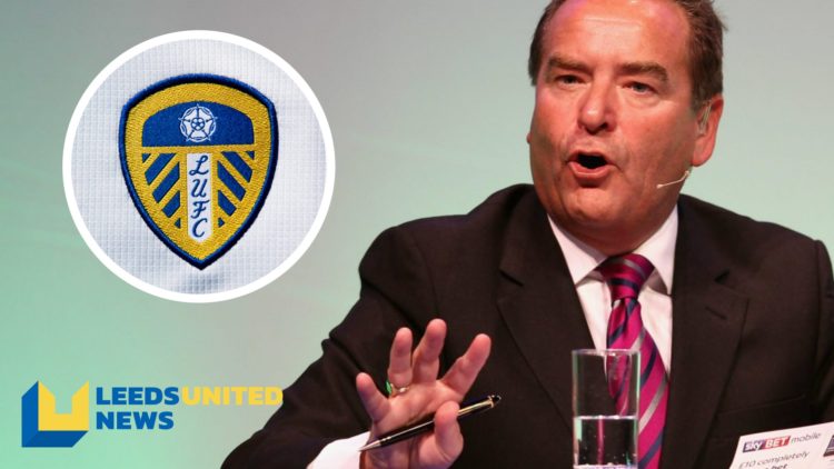 Sky Sports pundit Jeff Stelling during filming, inset a picture of the official club badge of Leeds United.