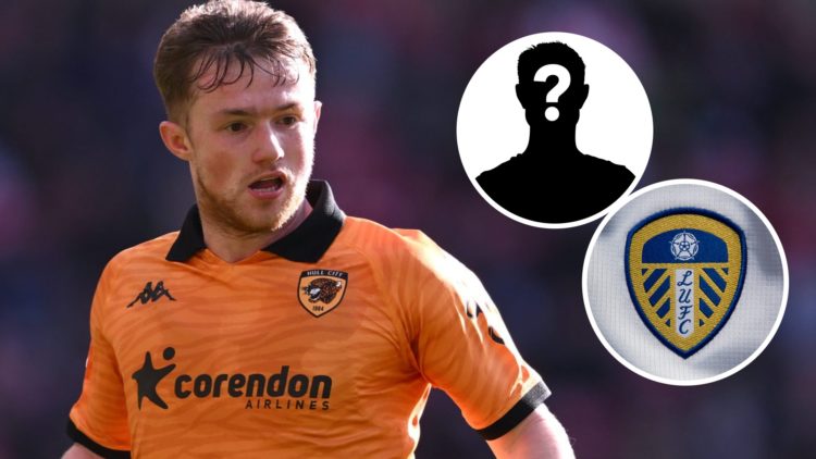 Hull City forward Joe Gelhardt (left) and Leeds United crest (right) with mystery player inset