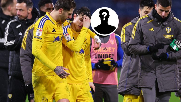 Leeds United trio Joe Rodon and Brenden Aaronson with Isaac Schmidt hidden behind mystery player inset