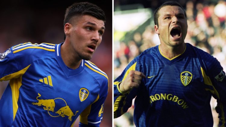 Joel Piroe and Mark Viduka, playing for Leeds United.