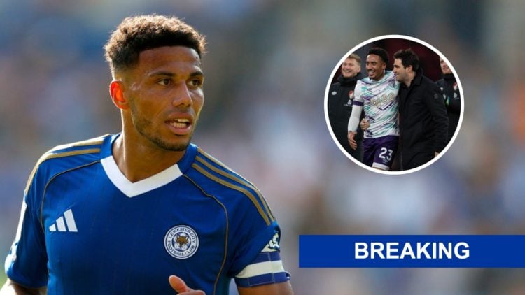 James Justin of Leicester and James Hill after a Bournemouth win.