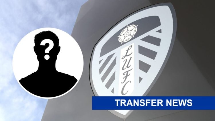 The Leeds United badge on an external wall with the mystery player overlay