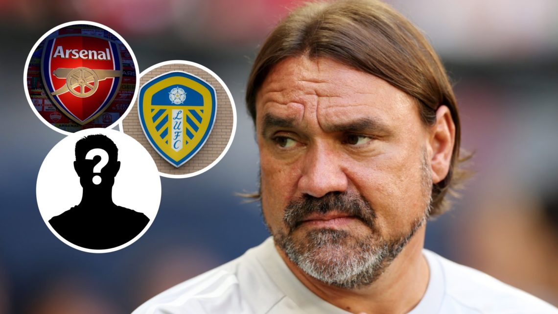 Leeds United and Arsenal crests (left) with Daniel Farke (right) and mystery player inset