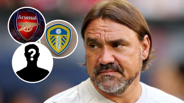 Leeds United and Arsenal crests (left) with Daniel Farke (right) and mystery player inset