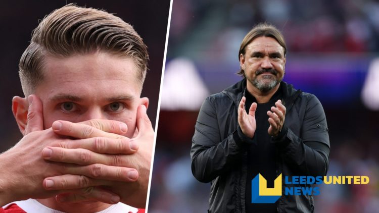 Split image of Arsenal striker Viktor Gyokeres celebrating a goal, and Leeds United manager Daniel Farke clapping the fans.