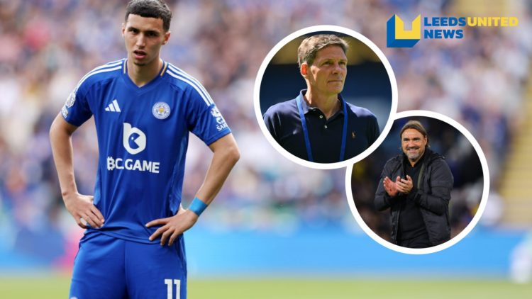 Leicester City's Bilal El Khannouss in action. Inset, pictures of Crystal Palace manager Oliver Glasner and Leeds United manager Daniel Farke.