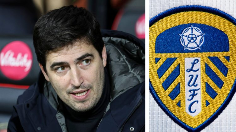 Split image of Bournemouth manager Andoni Iraola sat in the dugout, and the official club badge of Leeds United.