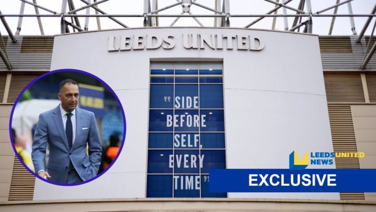 49ers and Leeds United chairman Paraag Marathe (left) and Elland Road Stadium (right) with LUN exclusive banner