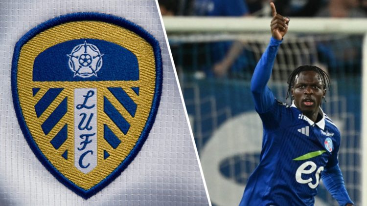 Leeds United crest (left) and RC Strasbourg's Dilane Bakwa (right)