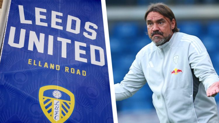 Split image of Leeds United manager Daniel Farke shrugging his shoulders, and a general view of Leeds United's Elland Road stadium.