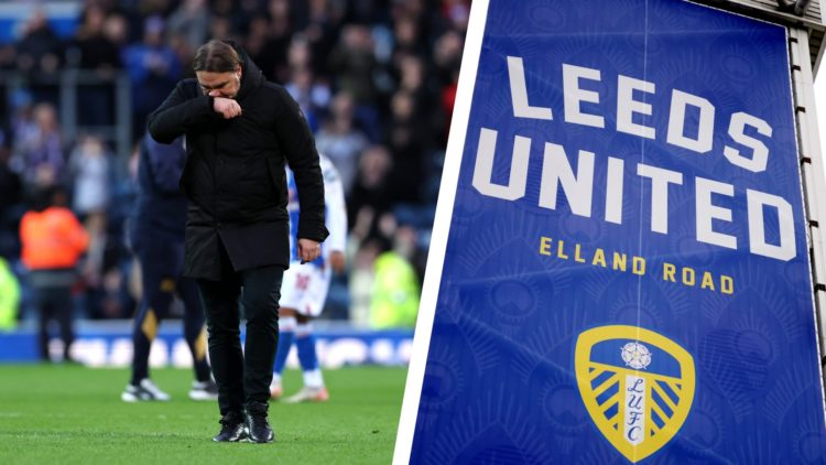 Split image of Leeds United manager Daniel Farke after a game, and a general view of Leeds United's Elland Road stadium.