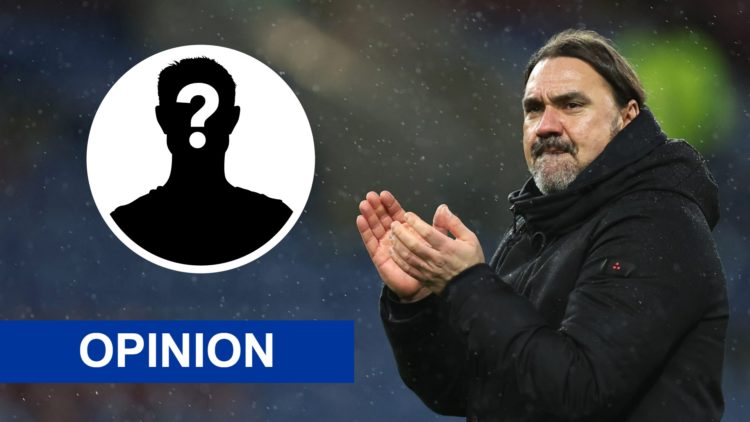 Leeds United manager Daniel Farke applauds the fans. Inset a picture of a mystery player.