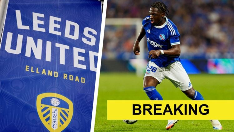 Split image of Strasbourg player Dilane Bakwa in action, and a general view of Leeds United's Elland Road stadium.