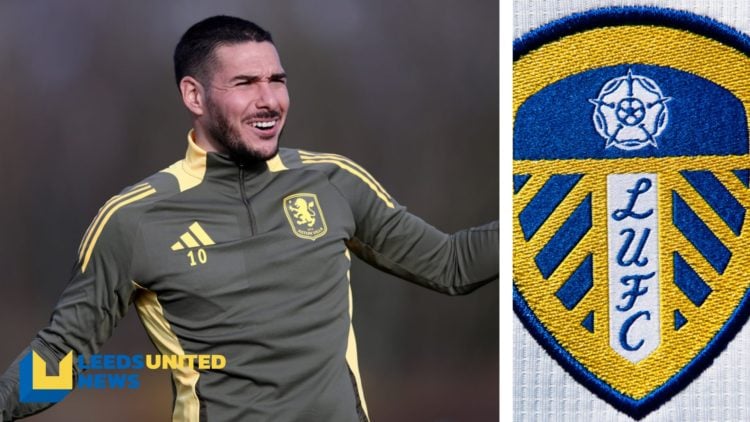 Split image of Emi Buendia during a training session with Aston Villa, and a picture of the official club badge of Leeds United.