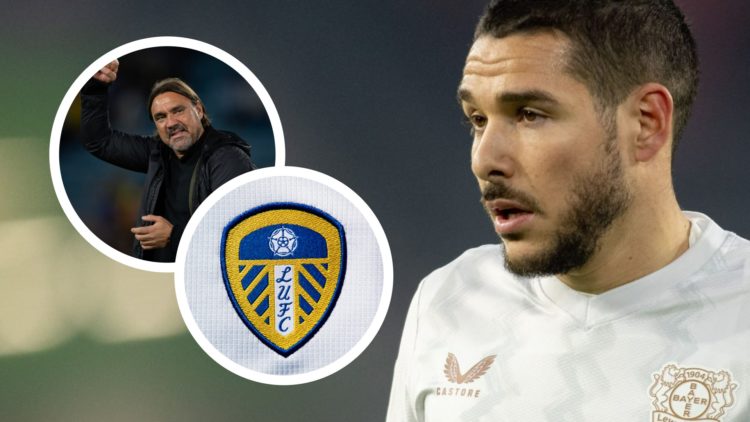 Bayer Leverkusen player Emi Buendia during a game. Inset, pictures of the official club badge of Leeds United, and Leeds United manager Daniel Fark...