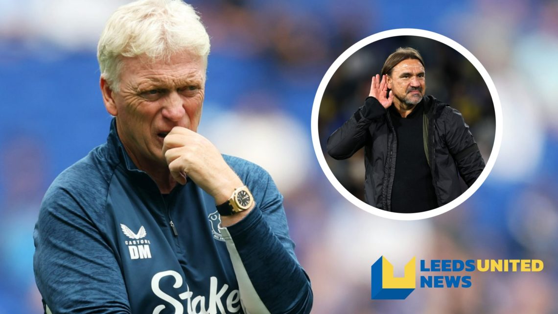 Everton manager David Moyes looks on from the touchline. Inset, Leeds United manager Daniel Farke cups his ear.