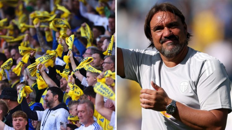 Leeds United fans waving scarves and Daniel Farke, Leeds United manager.