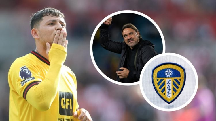 Sheffield United player Gustavo Hamer blows a kiss. Inset a picture of Leeds United manager Daniel Farke celebrating, and a picture of the official...