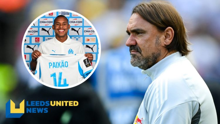 Leeds United manager Daniel Farke looks on from the touchline. Inset a picture of Marseille forward Igor Paixao.