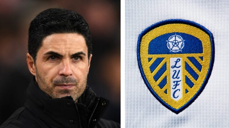 Split image of Arsenal manager Mikel Arteta, and the official club badge of Leeds United.