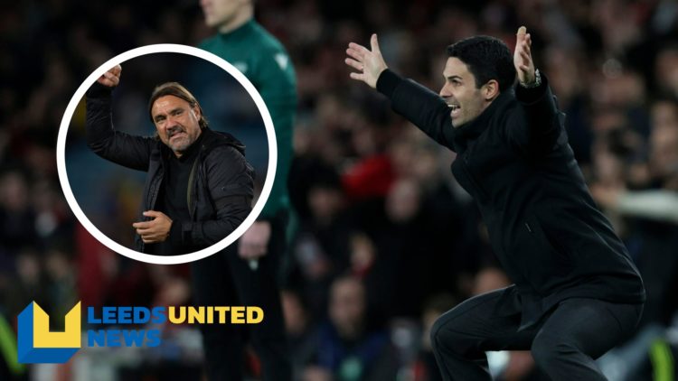 Arsenal manager Mikel Arteta has his arms in the air on the touchline. Inset a picture of Leeds United manager Daniel Farke celebrates a win.