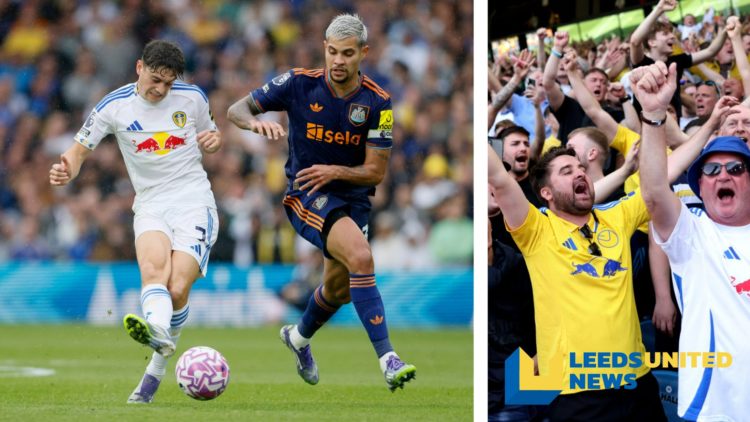 Split image of Leeds United player Dan James in action, and the Leeds United fans celebrating a goal.