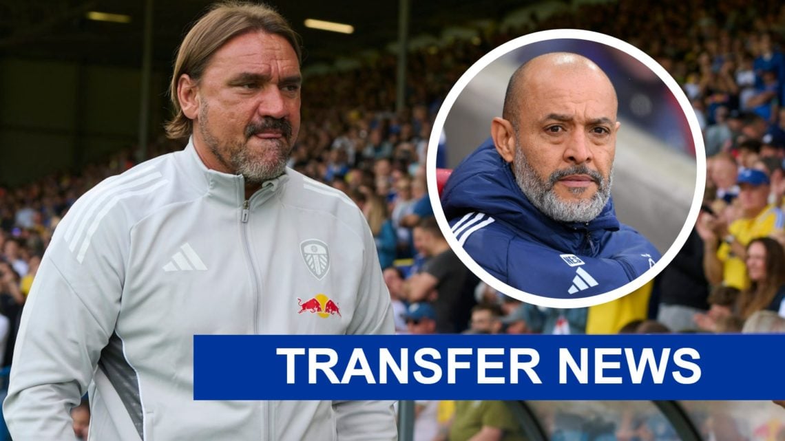 Leeds United manager Daniel Farke walks down the touchline. Inset a picture of Nottingham Forest manager Nuno Espirito Santo.
