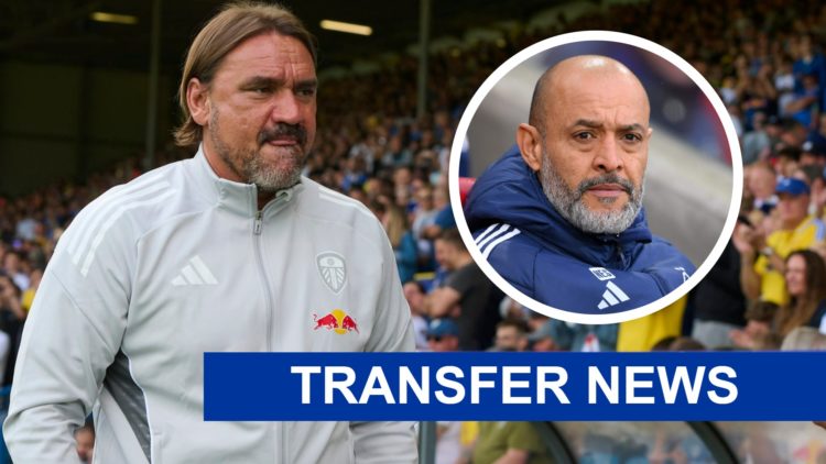 Leeds United manager Daniel Farke walks down the touchline. Inset a picture of Nottingham Forest manager Nuno Espirito Santo.
