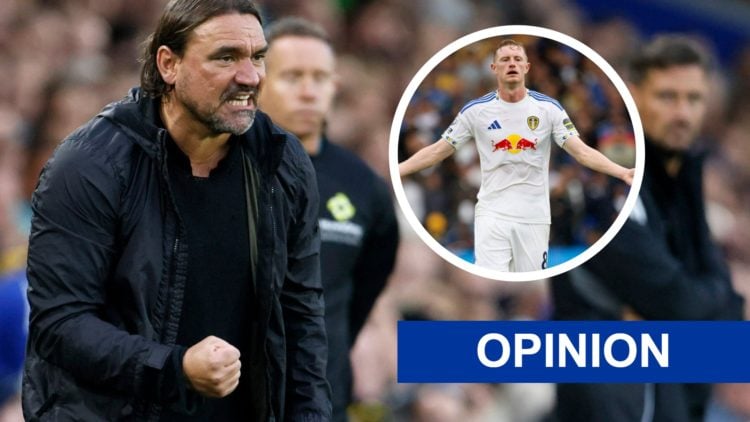 Leeds United manager Daniel Farke first pumps, inset a picture of Leeds United player Sean Longstaff in action.