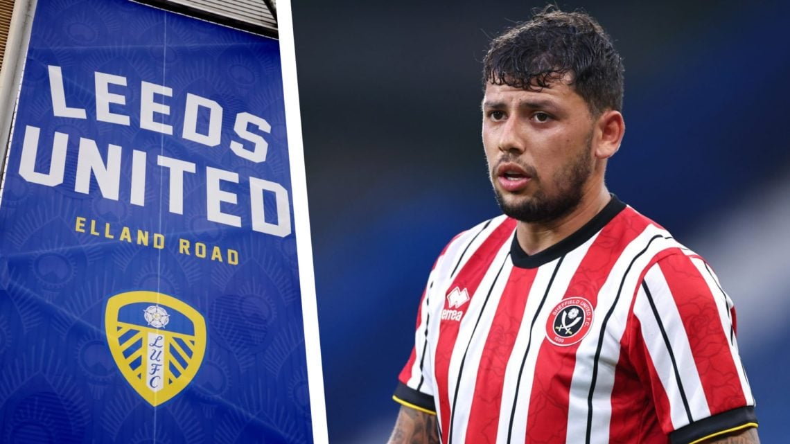 Split image of Sheffield United player Gustavo Hamer in action, and a general view of Leeds United's Elland Road stadium.