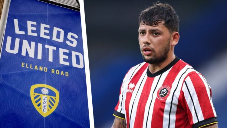 Split image of Sheffield United player Gustavo Hamer in action, and a general view of Leeds United's Elland Road stadium.