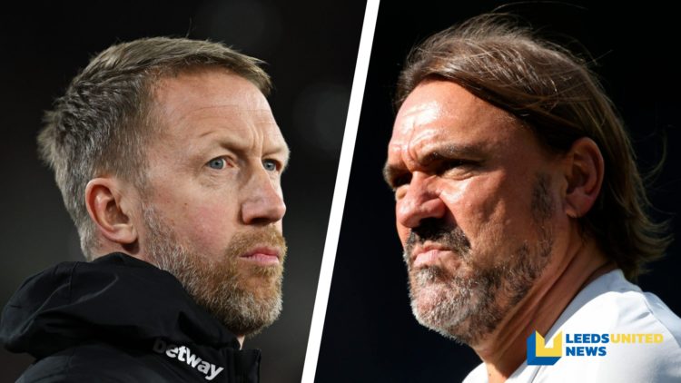 Split image of West Ham manager Graham Potter and Leeds United manager Daniel Farke both standing on the touchline.