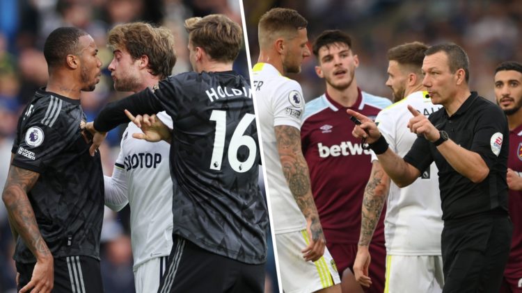 Leeds United's Patrick Bamford and Arsenal's Gabriel Magalhães, Leeds United squad plead with referee.
