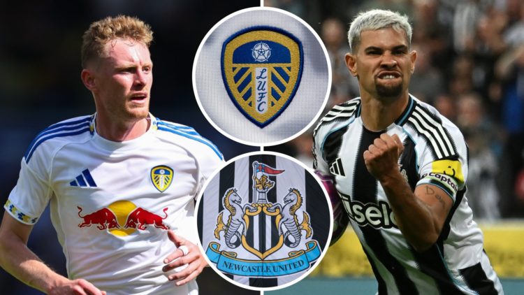 Split image: Sean Longstaff in action for Leeds United (L). Bruno Guimaraes celebrates after scoring for Newcastle United (R). Insets: Leeds United...
