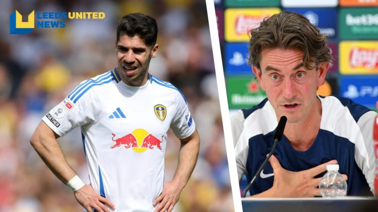 Split image of Leeds United player Manor Solomon in action, and Tottenham Hotspur manager Thomas Frank in a press conference.