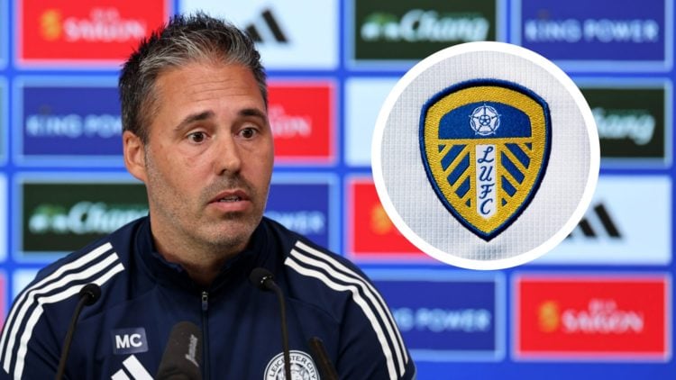 Leicester City manager Marti Cifuentes speaks during a press conference. Inset a picture of the official club badge of Leeds United.