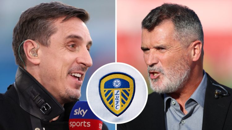 Split image of Gary Neville and Roy Keane with the Leeds United badge inset