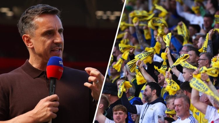 Split image of Gary Neville and Leeds United fans