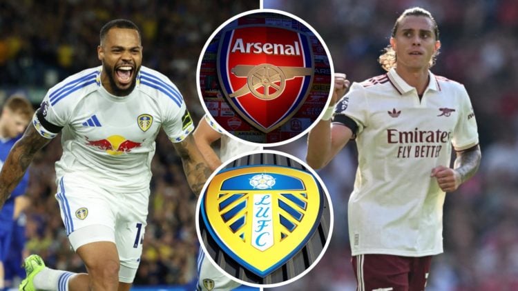 Split image: Lukas Nmecha celebrating a goal (L). Riccardo Calafiori pumping his fist (R). Inset: Leeds United badge and Arsenal badge.