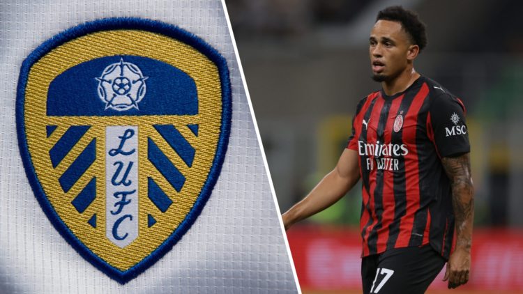AC Milan's Noah Okafor (right) and Leeds United crest (left)