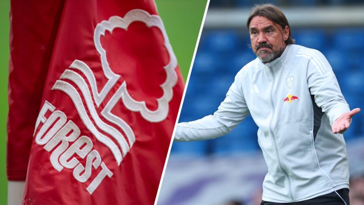 Nottingham Forest crest (left) and Leeds United manager Daniel Farke (right)