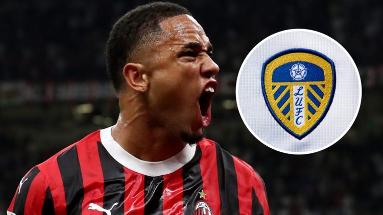 AC Milan player Noah Okafor with the Leeds United badge inset
