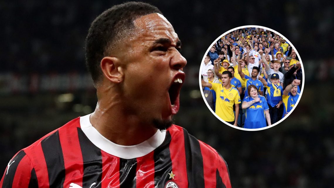 Noah Okafor with celebrating Leeds United fans inset