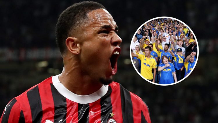 Noah Okafor with celebrating Leeds United fans inset
