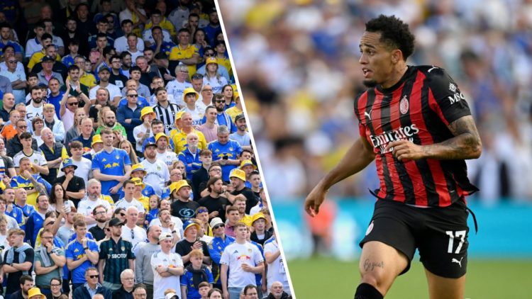 Split image of Leeds United fans in Dublin and Noah Okafor