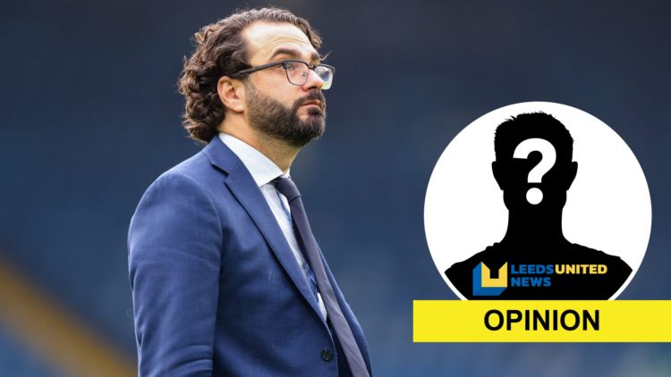 Former Leeds United Sporting Director Victor Orta with the mystery player overlay, site logo and opinion label