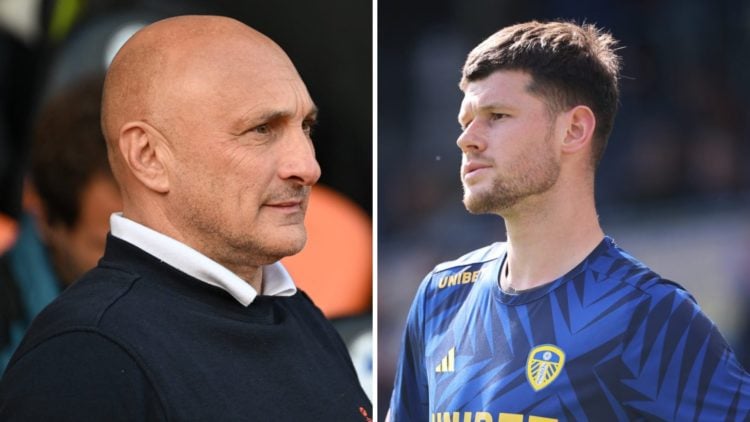 Split image of Lorient manager Olivier Pantaloni and Leeds United goalkeeper Illan Meslier