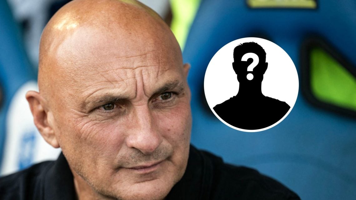 Lorient manager Olivier Pantaloni looks on.